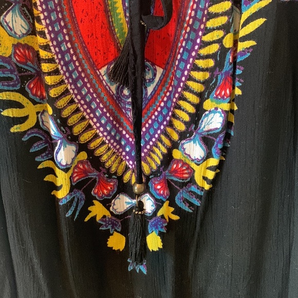 Angie Cold Shoulder Front Tie Sheer Black Colorful Boho Tunic Dress Size Medium - Picture 4 of 8